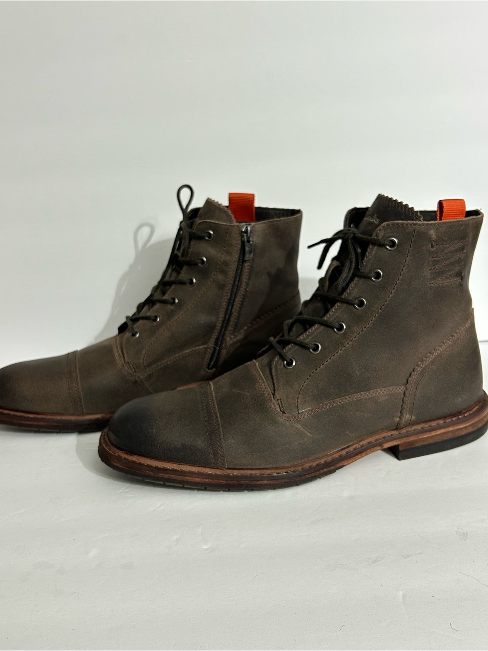 Men's Brown Lace-Up Leather Boots with Orange with Side Zipper by Clark’s - Picture 2 of 10